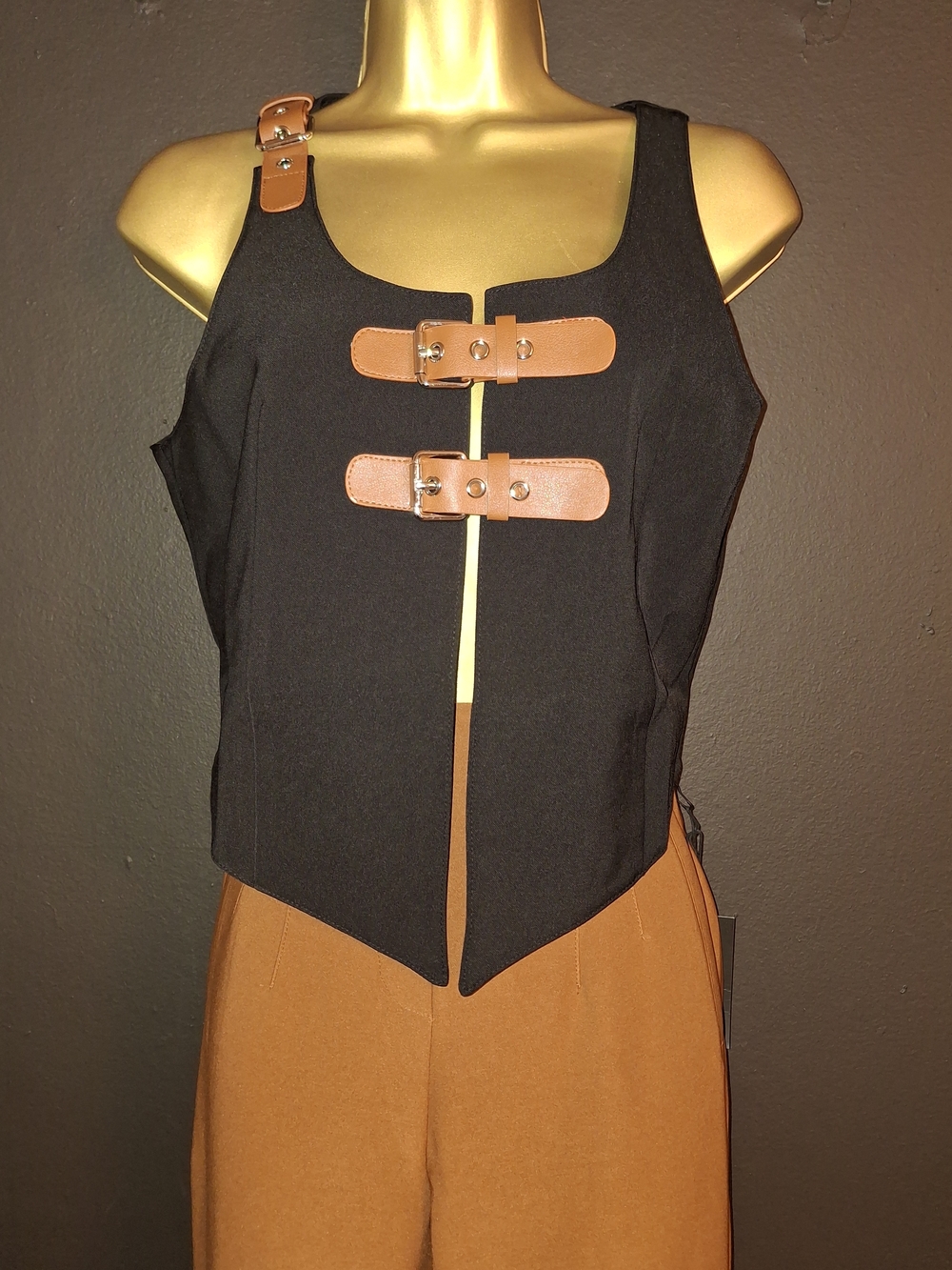 Black and Tan Buckle Detail Sleeveless Vest
